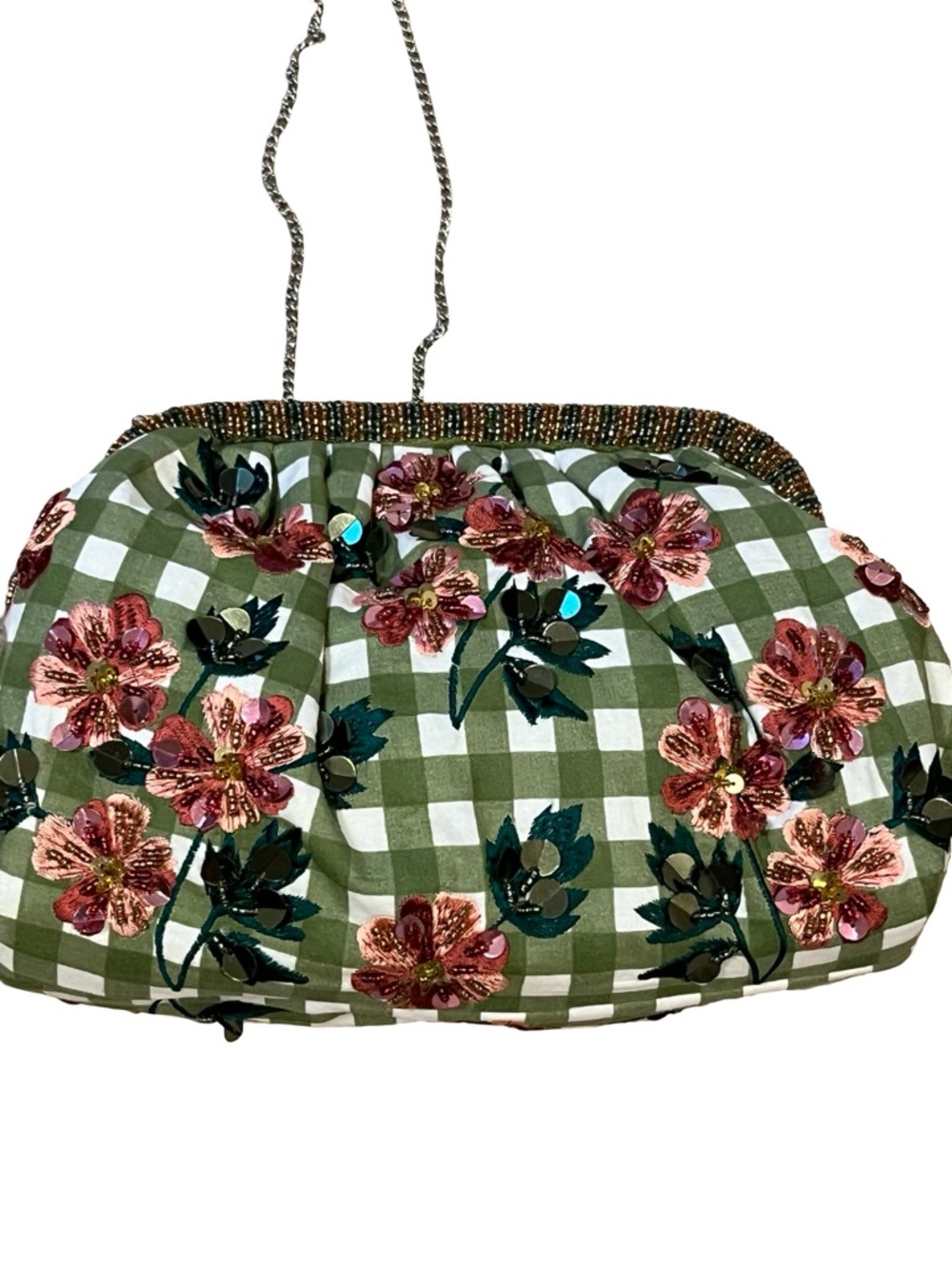 Made in India green gingham floral embroidered and beaded crossbody hinge bag